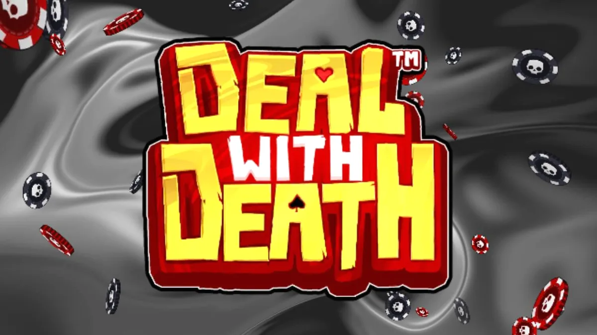 Futuristic na disenyo ng Deal With Death slot na may skeletal croupier at card symbols.